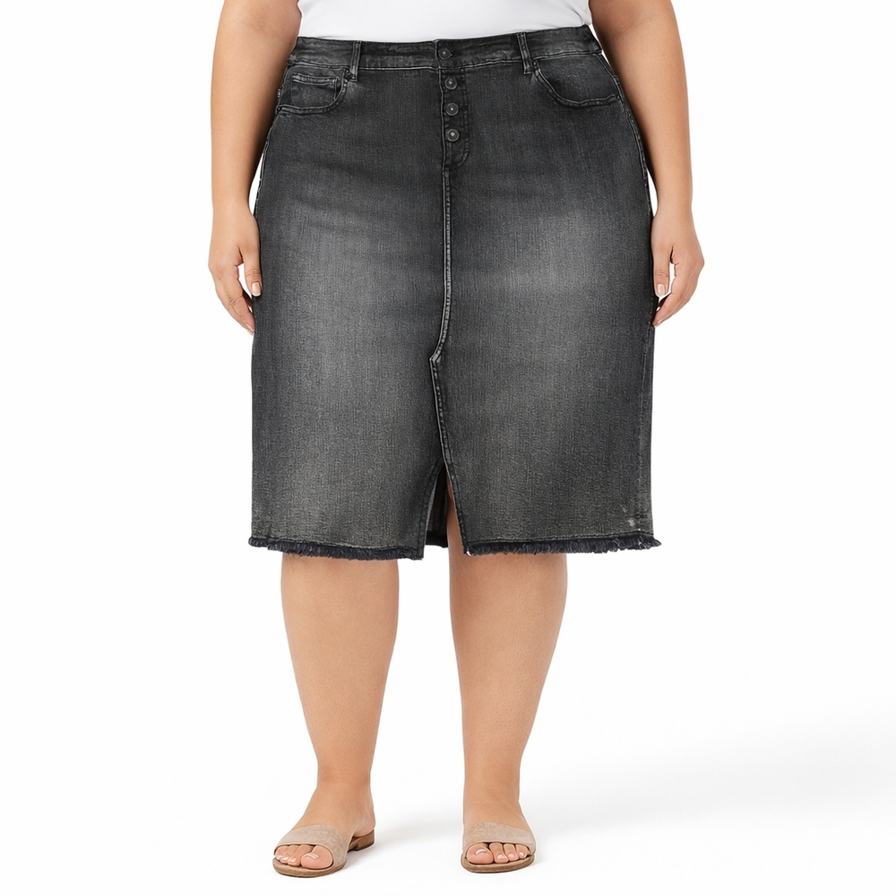 JEANIOLOGIE • Black Faded Soft Denim Button Front Denim Jean Skirt | Women’s 18